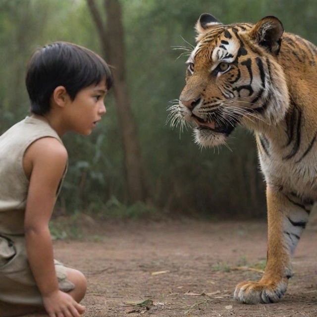 In a realistic setting, a brave boy and girl engage in an intense battle with thousands of lifelike tigers, their faces mirroring their unwavering determination.