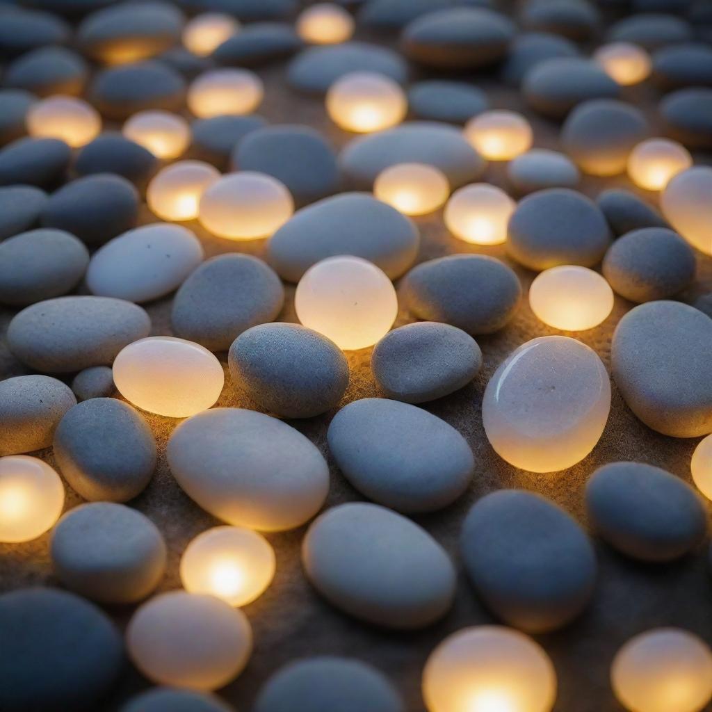 Radiant stones illuminating with a soft, ethereal glow, casting a soothing light around them.