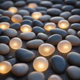 Radiant stones illuminating with a soft, ethereal glow, casting a soothing light around them.