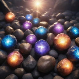 Radiant stones glowing with immense power, akin to the might of Thanos, in a captivating and fantastical scene.