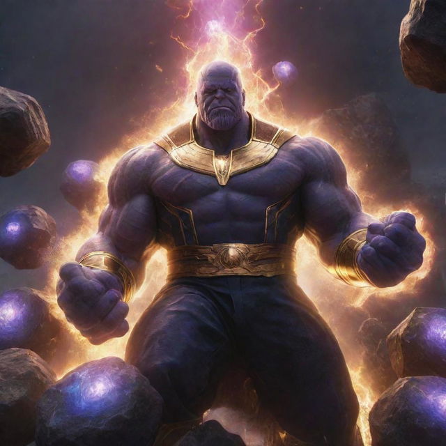 Radiant stones glowing with immense power, akin to the might of Thanos, in a captivating and fantastical scene.