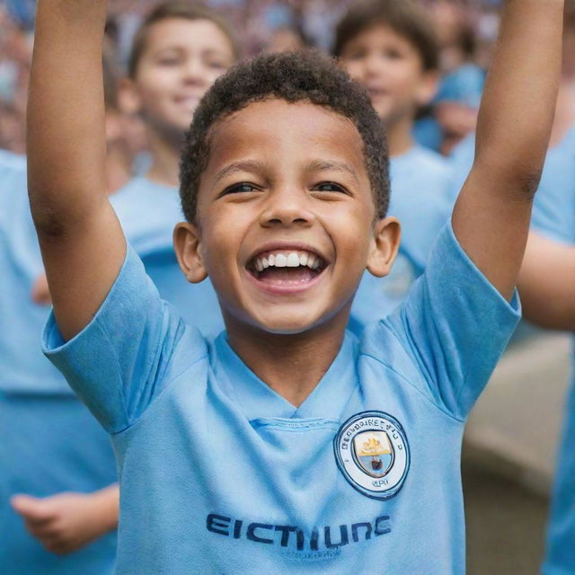 A joyful child proudly wearing a Manchester City football shirt, their smile beaming as they cheer for their favorite team.