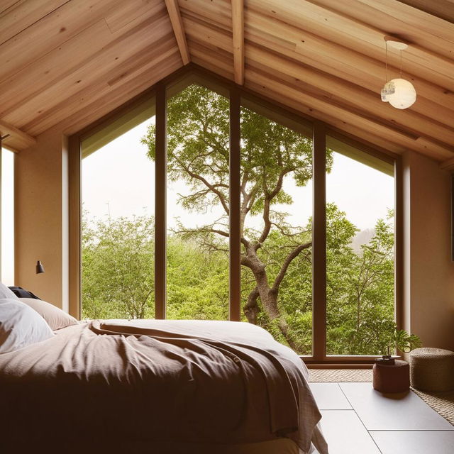 Cozy bedroom with a modern aesthetic, natural light pouring through large windows, plush bedding, ambient lighting, and houseplants.