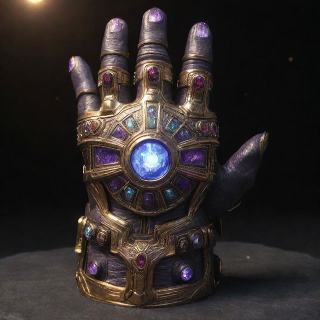 Thanos's gauntlet studded with brilliantly glowing stones, each radiating with a power that eclipses the glow of the others.