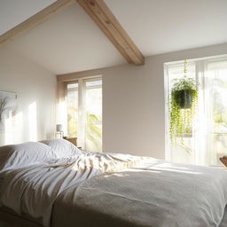 Cozy bedroom with a modern aesthetic, natural light pouring through large windows, plush bedding, ambient lighting, and houseplants.