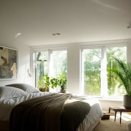 Cozy bedroom with a modern aesthetic, natural light pouring through large windows, plush bedding, ambient lighting, and houseplants.