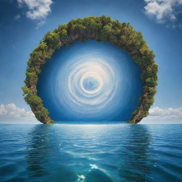 A captivating optical illusion art piece showcasing the beauty of nature, blending aspects of the earth, sky, and sea in a mesmerizing display.