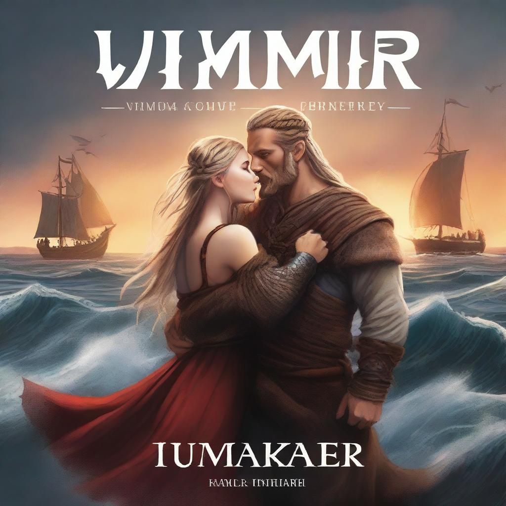 A high-quality digital art piece designed as a book cover for 'Vimakr: A Viking Love Story'