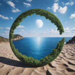 A captivating optical illusion art piece showcasing the beauty of nature, blending aspects of the earth, sky, and sea in a mesmerizing display.