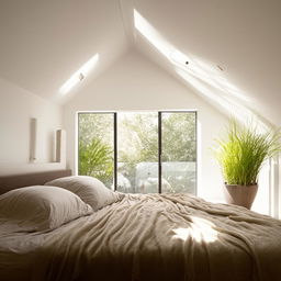 Cozy bedroom with a modern aesthetic, natural light pouring through large windows, plush bedding, ambient lighting, and houseplants.