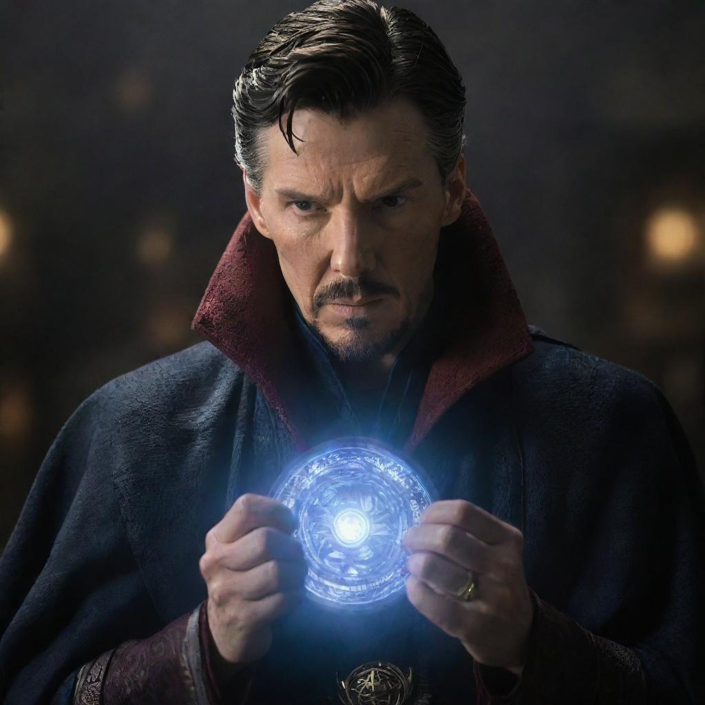 Doctor Strange, cloaked in shadows, his piercing gaze reflecting a sinister transformation as he turns toward evil