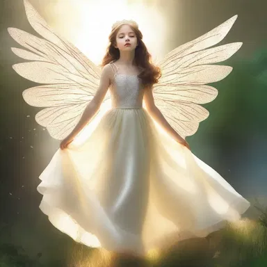 The princess gracefully floated down from the sky, her shimmering wings sparkling in the sunlight.