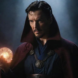 Doctor Strange, cloaked in shadows, his piercing gaze reflecting a sinister transformation as he turns toward evil