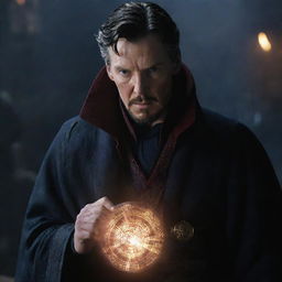 Doctor Strange, cloaked in shadows, his piercing gaze reflecting a sinister transformation as he turns toward evil