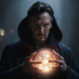 Doctor Strange, cloaked in shadows, his piercing gaze reflecting a sinister transformation as he turns toward evil