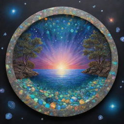 A captivating optical illusion art piece infused with the vibrant colors of opals, blending natural elements such as earth, sky, sea, and stars in a mesmerizing display.