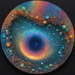 A captivating optical illusion art piece infused with the vibrant colors of opals, blending natural elements such as earth, sky, sea, and stars in a mesmerizing display.