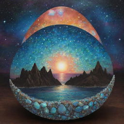 A captivating optical illusion art piece infused with the vibrant colors of opals, blending natural elements such as earth, sky, sea, and stars in a mesmerizing display.