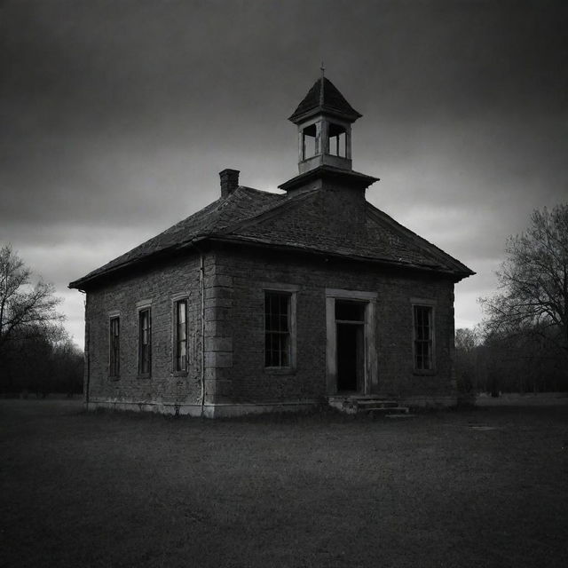 An aged, forgotten schoolhouse shrouded in darkness, its crumbling edifice casting eerie shadows, fostering a sense of unease.