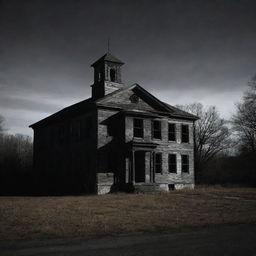 An aged, forgotten schoolhouse shrouded in darkness, its crumbling edifice casting eerie shadows, fostering a sense of unease.