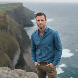 A handsome man standing on a cliff facing towards the camera