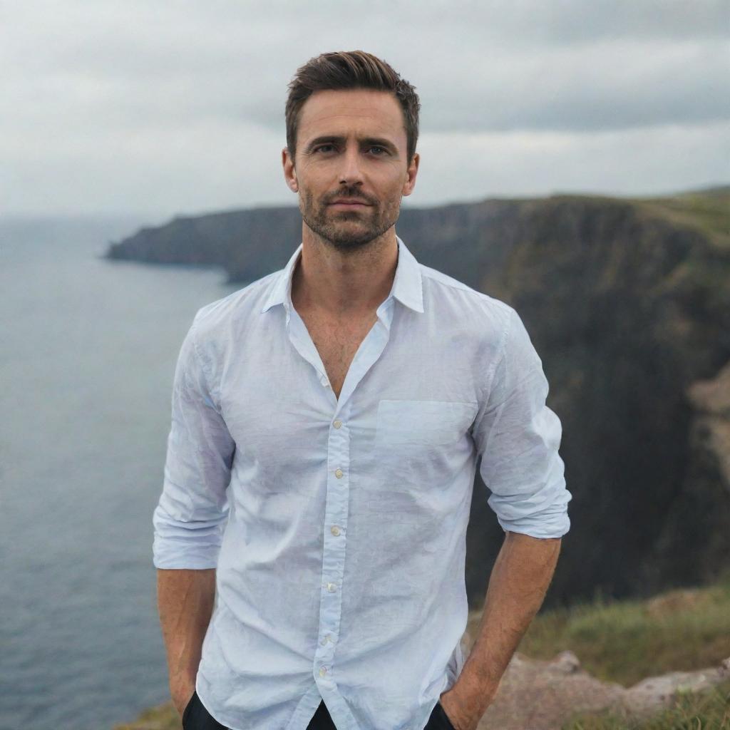 A handsome man standing on a cliff facing towards the camera