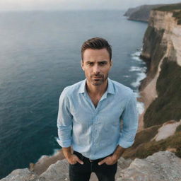 A handsome man standing on a cliff facing towards the camera