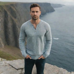 A handsome man standing on a cliff facing towards the camera