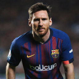 Lionel Messi in a compelling pose, radiating an aura of cool confidence, his eyes focused and determined.