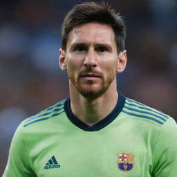 Lionel Messi in a compelling pose, radiating an aura of cool confidence, his eyes focused and determined.