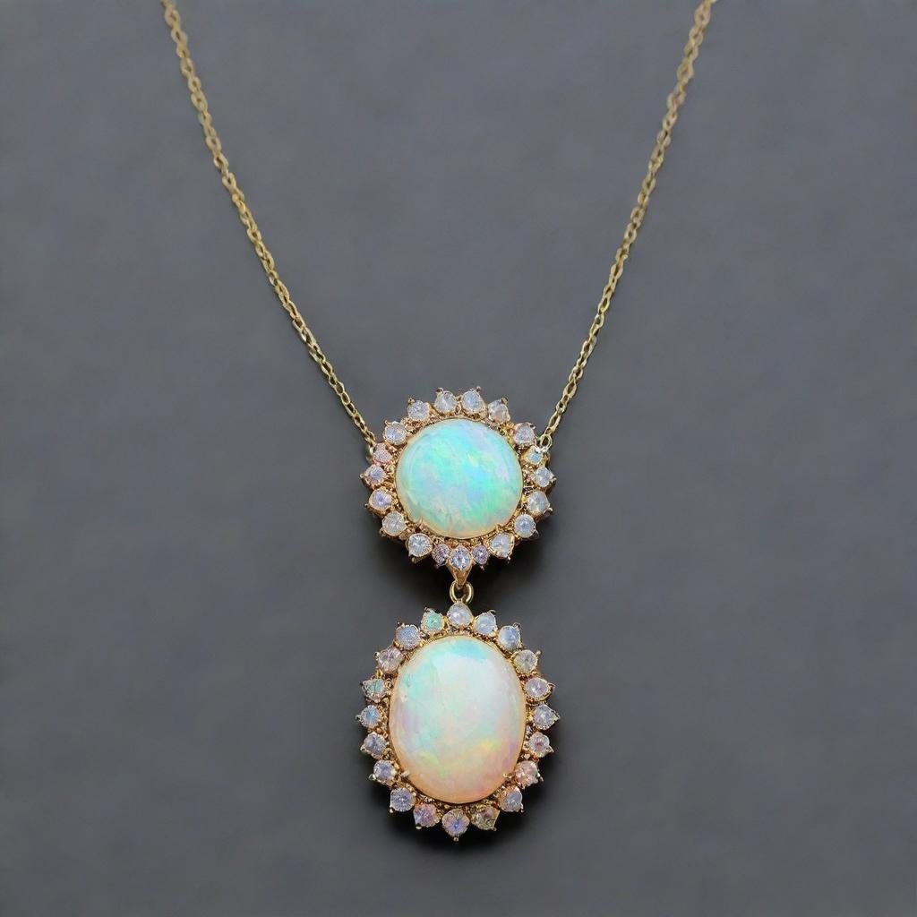 An elegant opal necklace, the gem radiating with a myriad of colors against a delicately crafted gold chain.