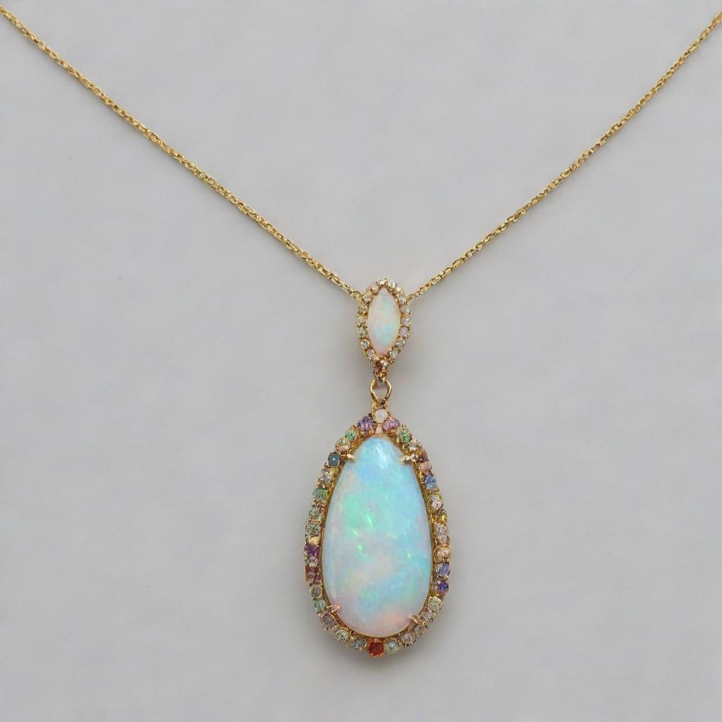 An elegant opal necklace, the gem radiating with a myriad of colors against a delicately crafted gold chain.