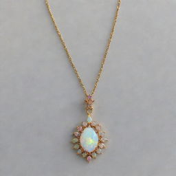 An elegant opal necklace, the gem radiating with a myriad of colors against a delicately crafted gold chain.