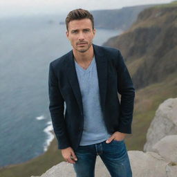 A handsome man standing on a cliff facing the camera