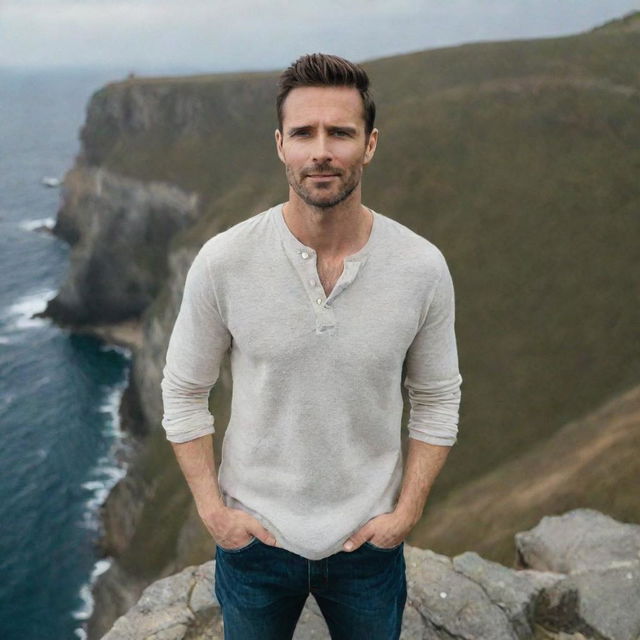 A handsome man standing on a cliff facing the camera