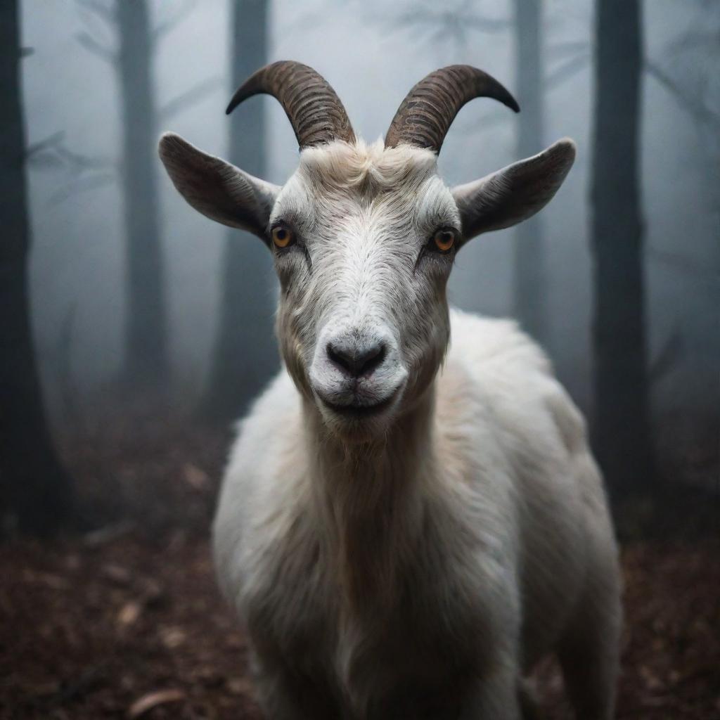 A goat with glowing, ominous eyes, radiating an unexpected sense of fear and dread in an eerie environment.