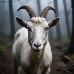 A goat with glowing, ominous eyes, radiating an unexpected sense of fear and dread in an eerie environment.