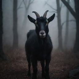 A goat with glowing, ominous eyes, radiating an unexpected sense of fear and dread in an eerie environment.