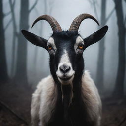 A goat with glowing, ominous eyes, radiating an unexpected sense of fear and dread in an eerie environment.