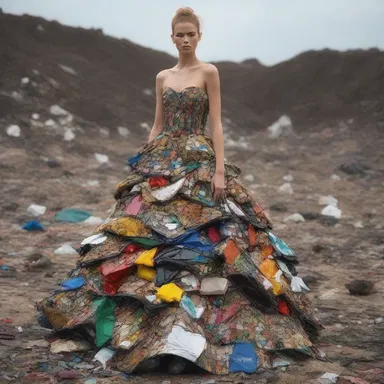 The designer created a unique dress inspired by a garbage heap, using discarded materials and turning them into a stunning masterpiece.