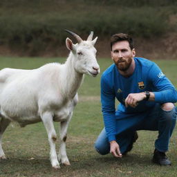 Lionel Messi shares a frame with a goat, ominously lit and casting an aura of fright, creating an unexpected, intriguing juxtaposition.