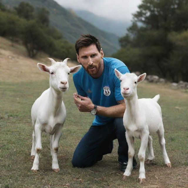 Lionel Messi shares a frame with a goat, ominously lit and casting an aura of fright, creating an unexpected, intriguing juxtaposition.