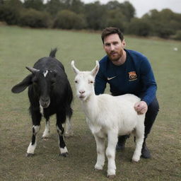 Lionel Messi shares a frame with a goat, ominously lit and casting an aura of fright, creating an unexpected, intriguing juxtaposition.