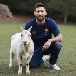 Lionel Messi shares a frame with a goat, ominously lit and casting an aura of fright, creating an unexpected, intriguing juxtaposition.