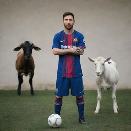 A striking portrait of Lionel Messi, taking a stance of defiance against a backdrop featuring a goat, its aura ominous and slightly unsettling.