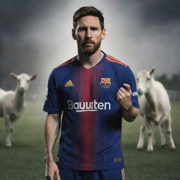 A striking portrait of Lionel Messi, taking a stance of defiance against a backdrop featuring a goat, its aura ominous and slightly unsettling.