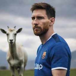 A striking portrait of Lionel Messi, taking a stance of defiance against a backdrop featuring a goat, its aura ominous and slightly unsettling.