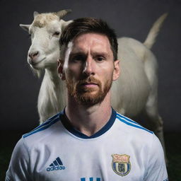 A striking portrait of Lionel Messi, taking a stance of defiance against a backdrop featuring a goat, its aura ominous and slightly unsettling.