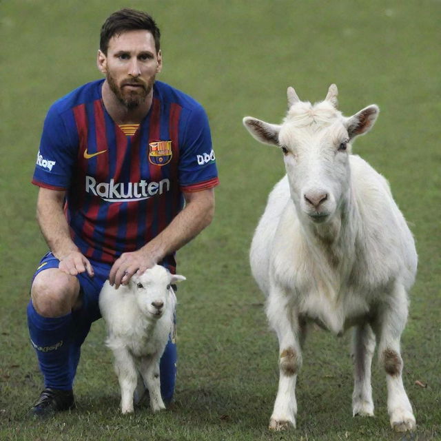 Lionel Messi pictured alongside a fear-inducing goat, the unsettling atmosphere further amplifying the intensity of the image.