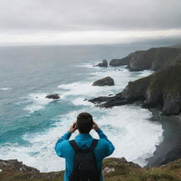 A scenic ocean view with a person in the foreground, capturing the breathtaking scene with their camera.